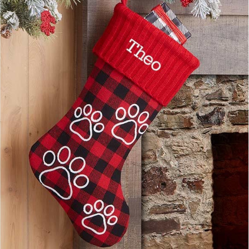 NEW Buffalo Check Paw Prints Personalized Red Dog Christmas Stocking
